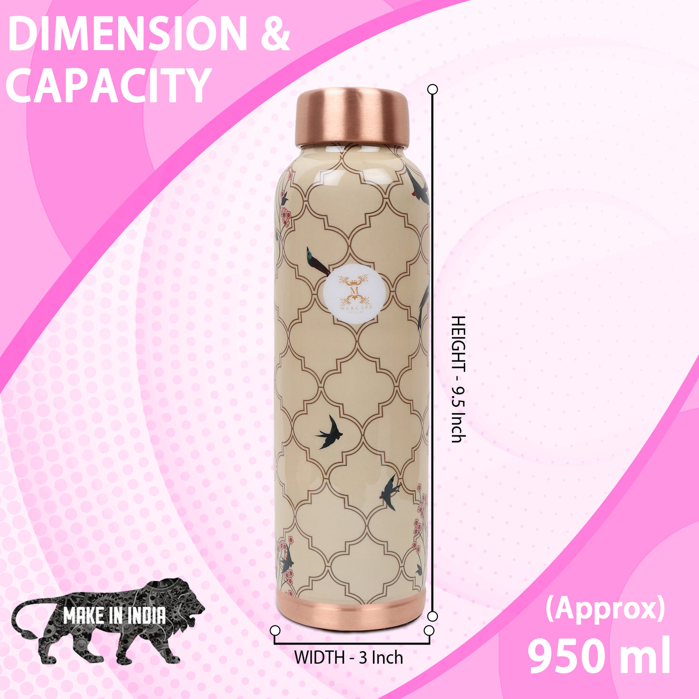 MERCAPE® - Copper Bottles for Water with Leak Proof Lid | 100% Pure Copper Bottle | BPA Free & Non Toxic | Printed Ayurvedic Copper Bottle for Health Benefits - 950 ML-Beige Color