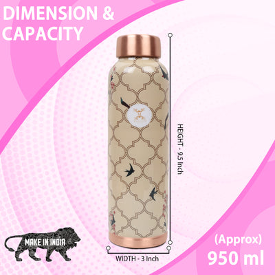 MERCAPE® - Copper Bottles for Water with Leak Proof Lid | 100% Pure Copper Bottle | BPA Free & Non Toxic | Printed Ayurvedic Copper Bottle for Health Benefits - 950 ML-Beige Color