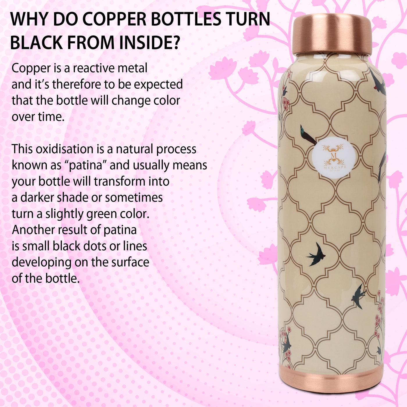 MERCAPE® - Copper Bottles for Water with Leak Proof Lid | 100% Pure Copper Bottle | BPA Free & Non Toxic | Printed Ayurvedic Copper Bottle for Health Benefits - 950 ML-Beige Color