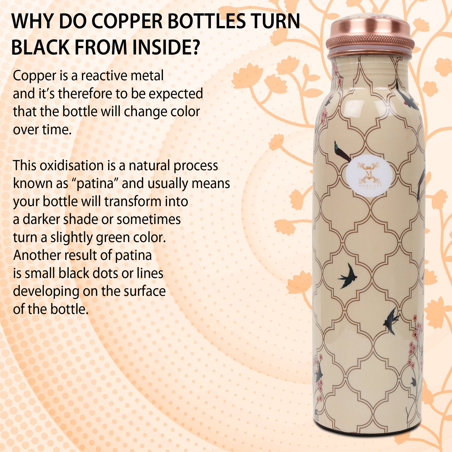 MERCAPE – Handcrafted Aviary Artistry Print Pure Copper Bottle - (950 ML)