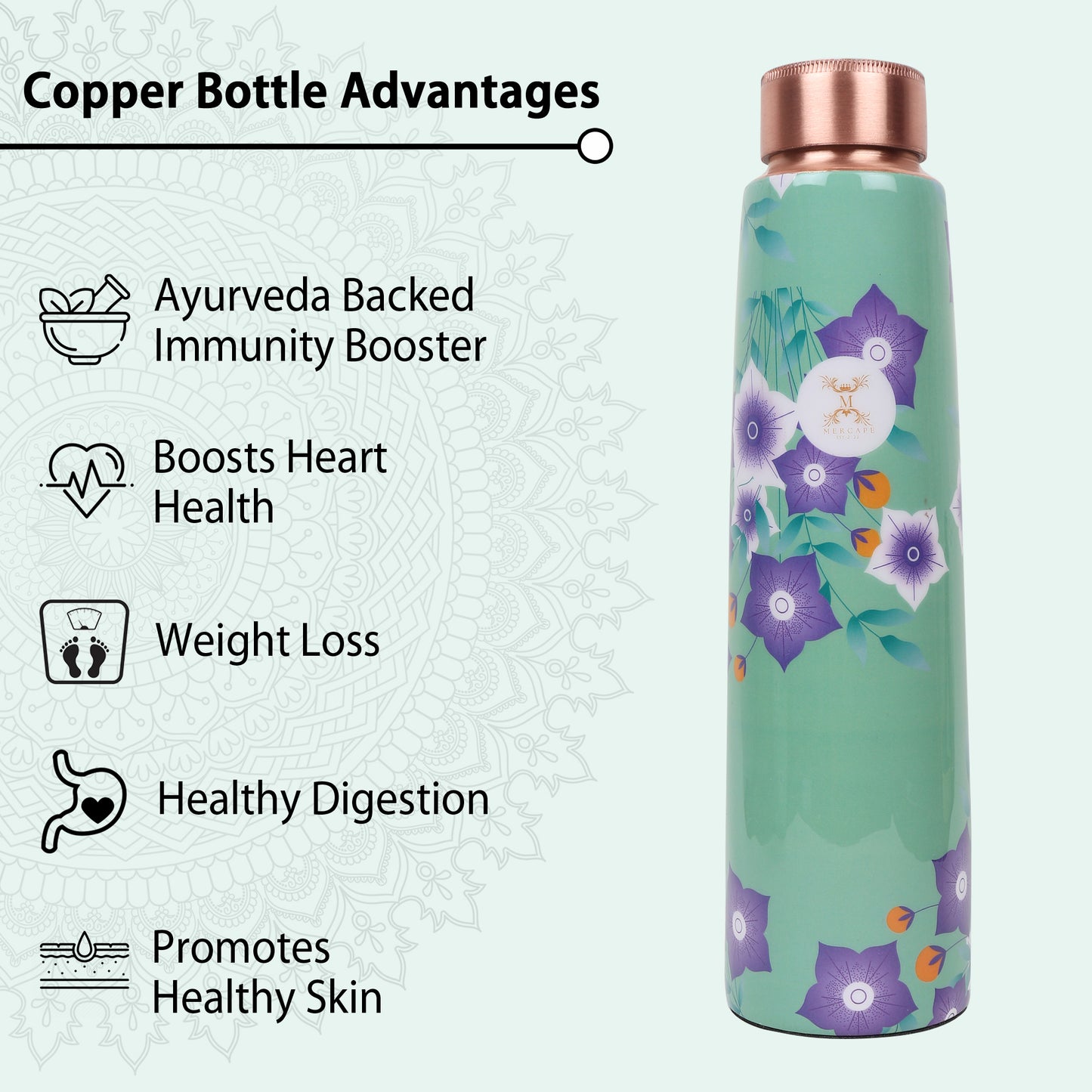 Printed Copper Bottle 950 ml with 2 Glass set 250 ml each