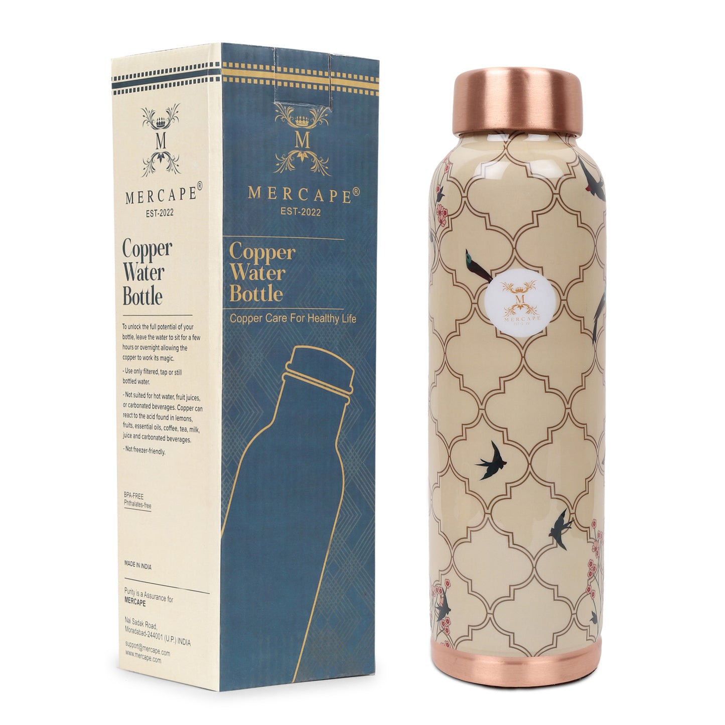 MERCAPE – Handcrafted Aviary Artistry Print Pure Copper Bottle - (950 ML)