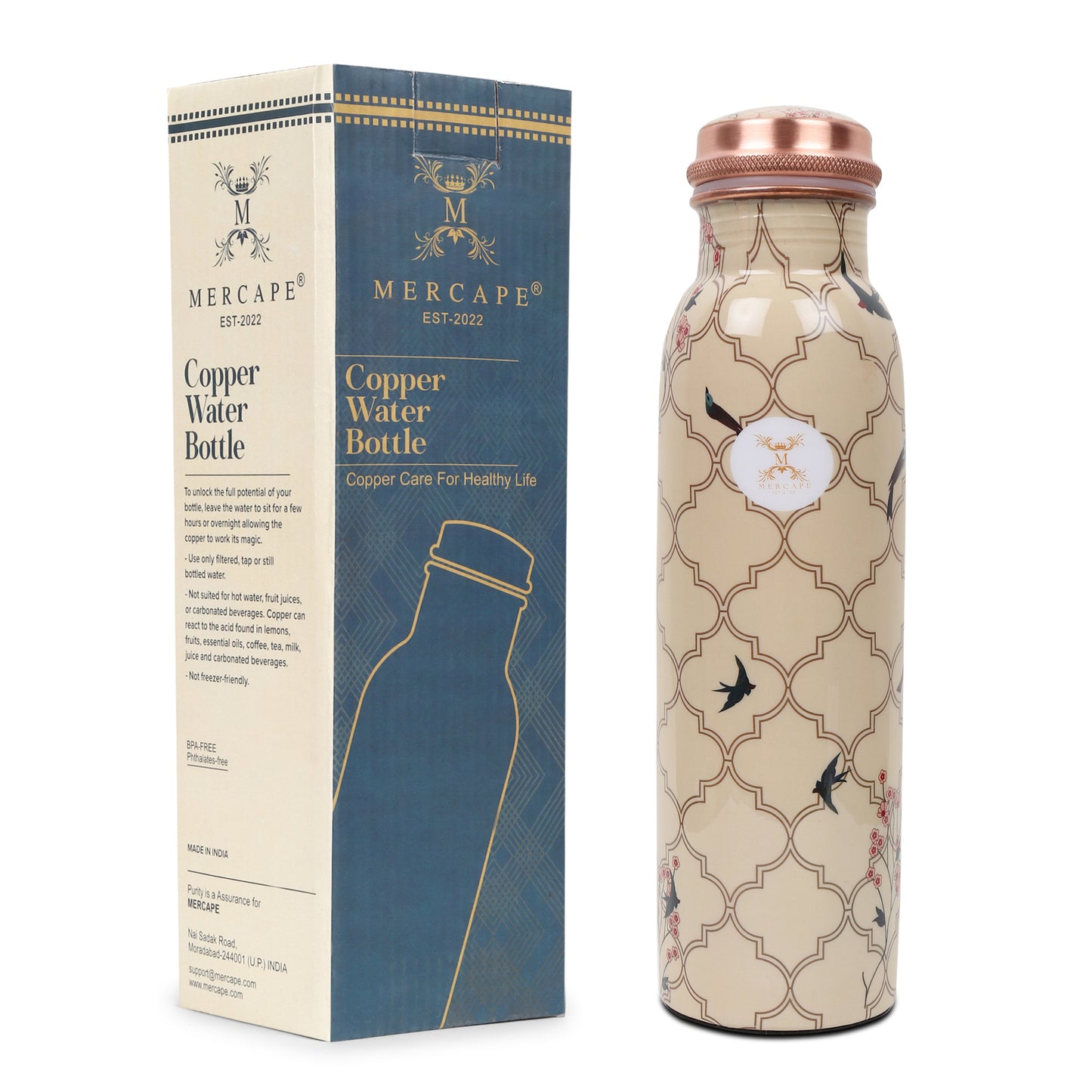 MERCAPE – Handcrafted Aviary Artistry Print Pure Copper Bottle - (950 ML)