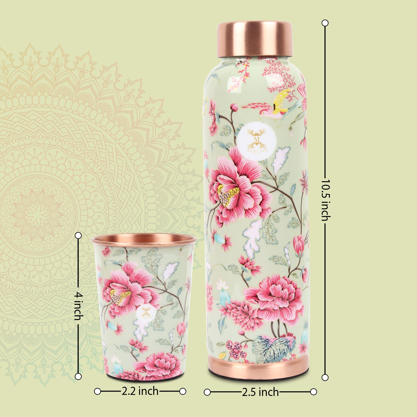 Printed Copper Bottle 950 ml with 2 Glass set 250 ml each