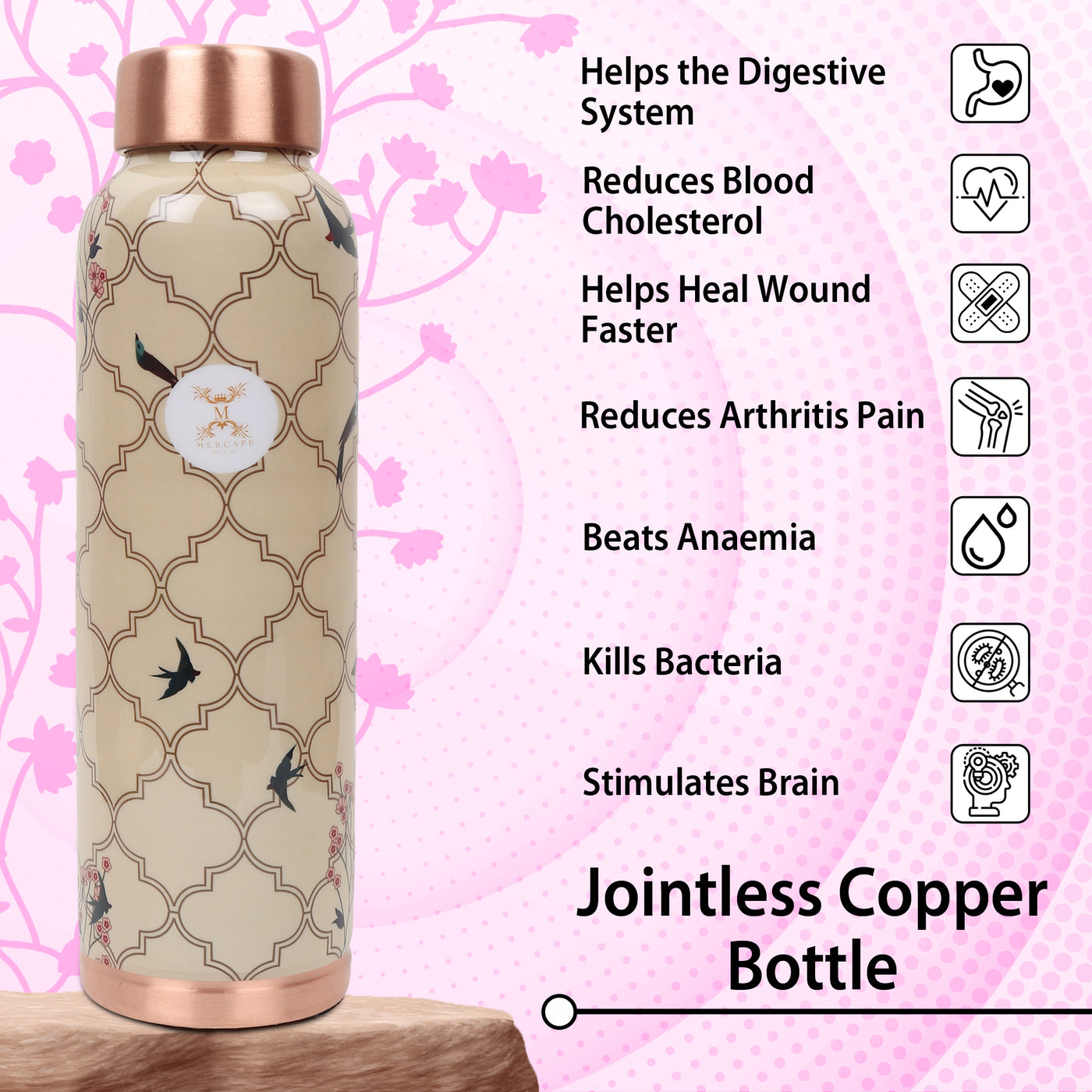 MERCAPE® - Copper Bottles for Water with Leak Proof Lid | 100% Pure Copper Bottle | BPA Free & Non Toxic | Printed Ayurvedic Copper Bottle for Health Benefits - 950 ML-Beige Color