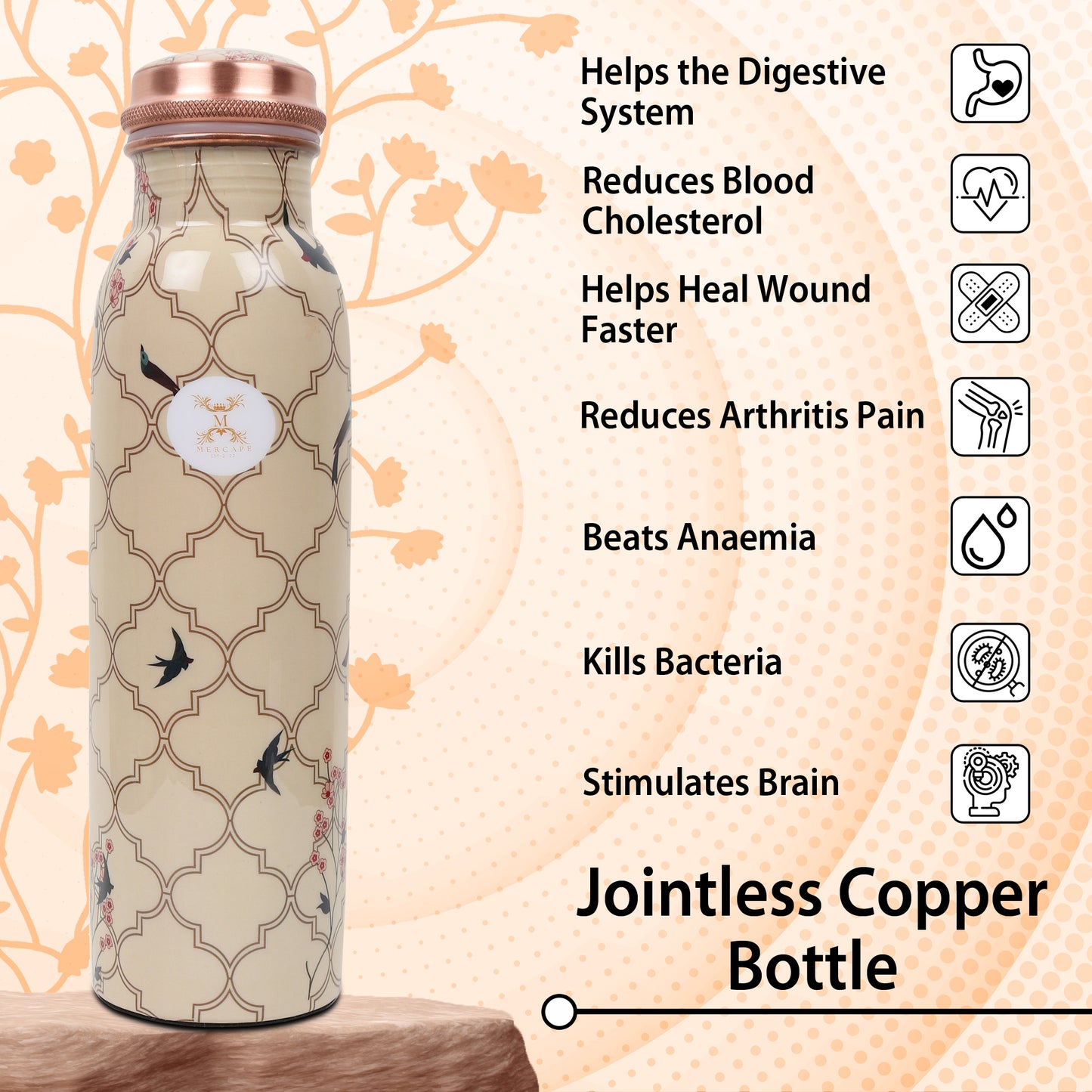 MERCAPE – Handcrafted Aviary Artistry Print Pure Copper Bottle - (950 ML)