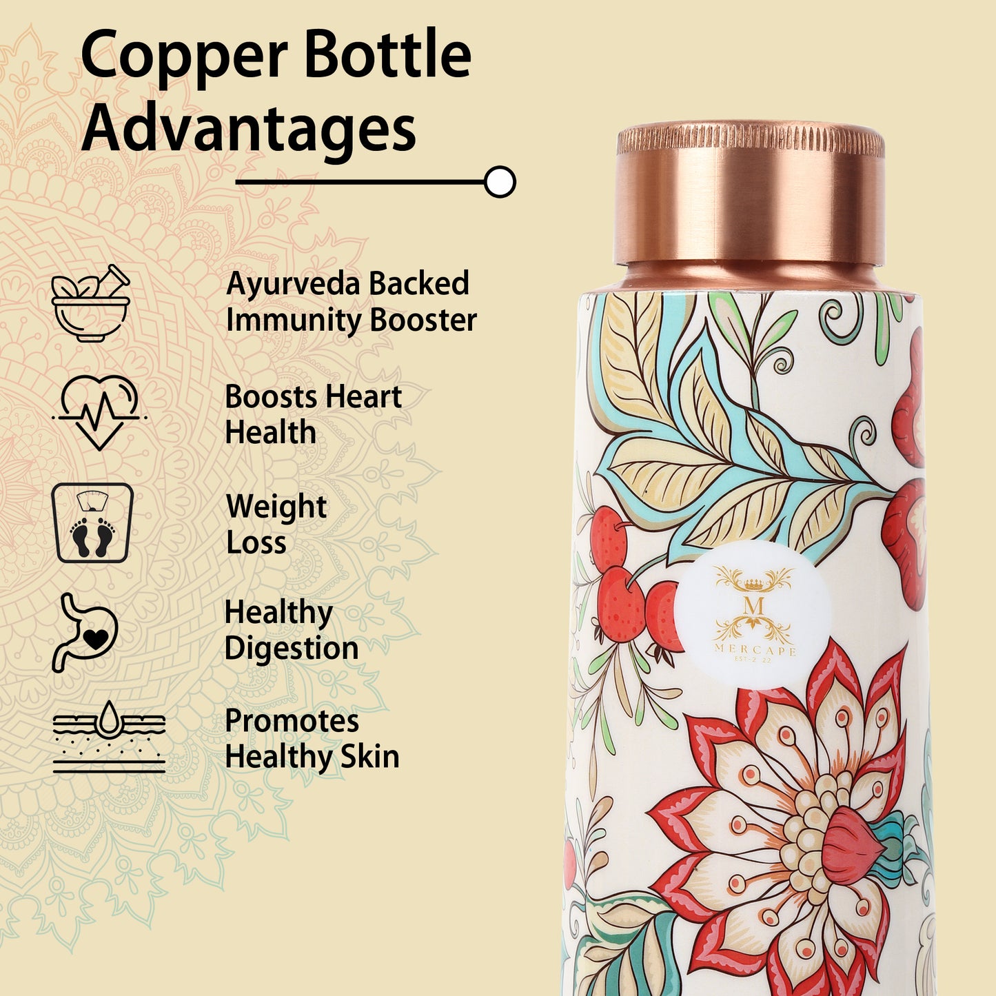 Printed Copper Bottle 950 ml with 2 Glass set 250 ml each