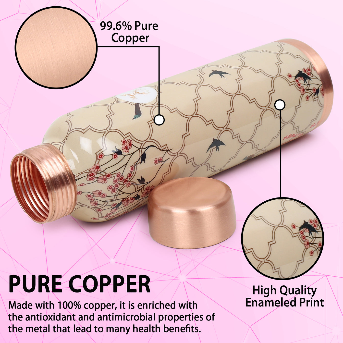 MERCAPE® - Copper Bottles for Water with Leak Proof Lid | 100% Pure Copper Bottle | BPA Free & Non Toxic | Printed Ayurvedic Copper Bottle for Health Benefits - 950 ML-Beige Color