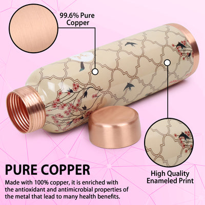 MERCAPE® - Copper Bottles for Water with Leak Proof Lid | 100% Pure Copper Bottle | BPA Free & Non Toxic | Printed Ayurvedic Copper Bottle for Health Benefits - 950 ML-Beige Color