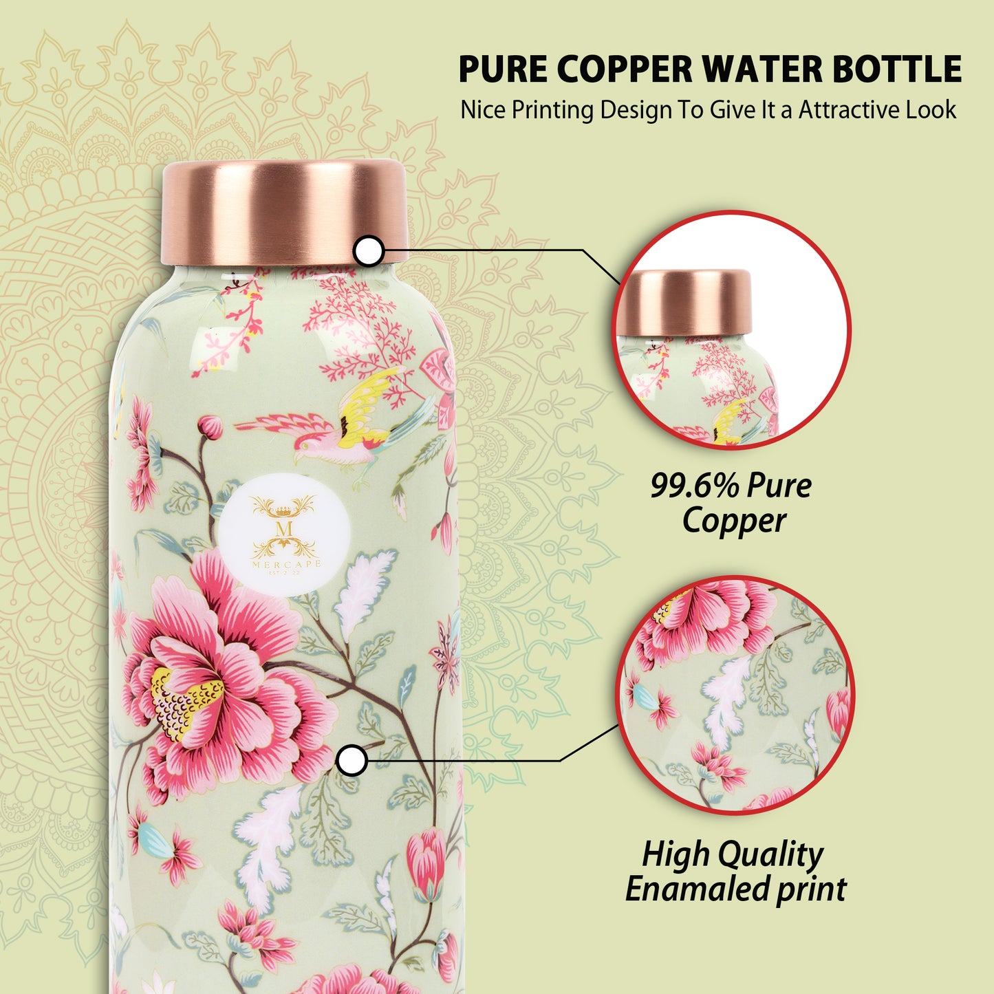 Printed Copper Bottle 950 ml with 2 Glass set 250 ml each