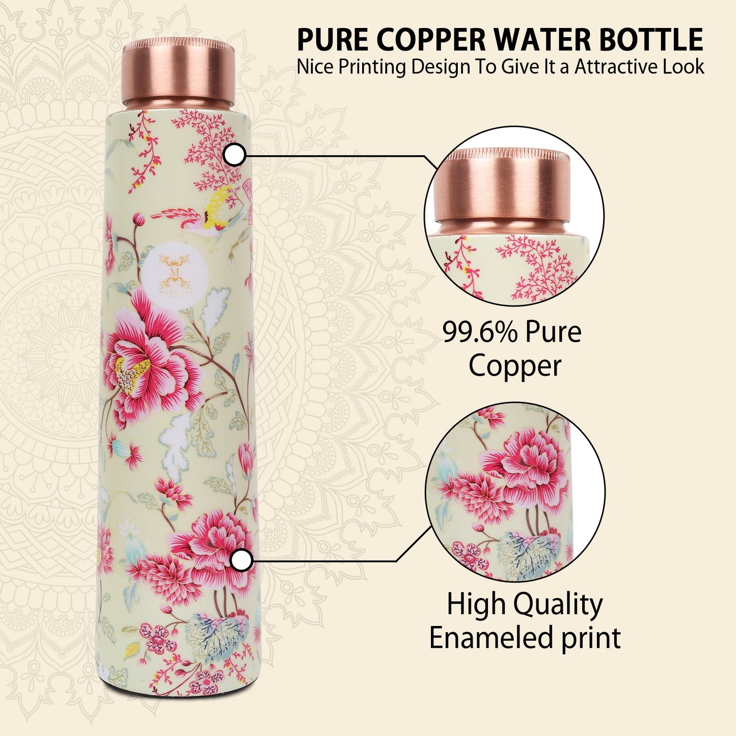 Printed Copper Bottle 950 ml with 2 Glass set 250 ml each