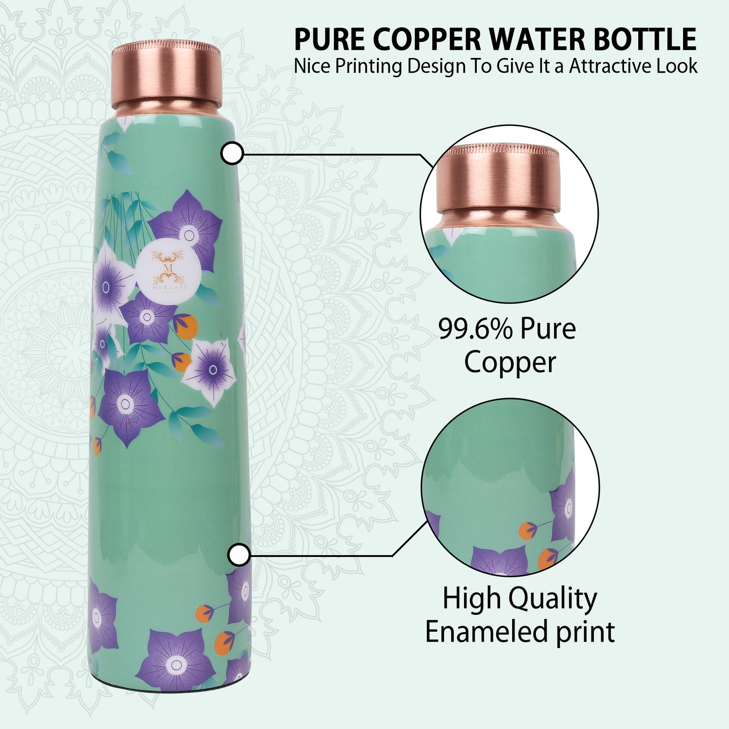 Printed Copper Bottle 950 ml with 2 Glass set 250 ml each