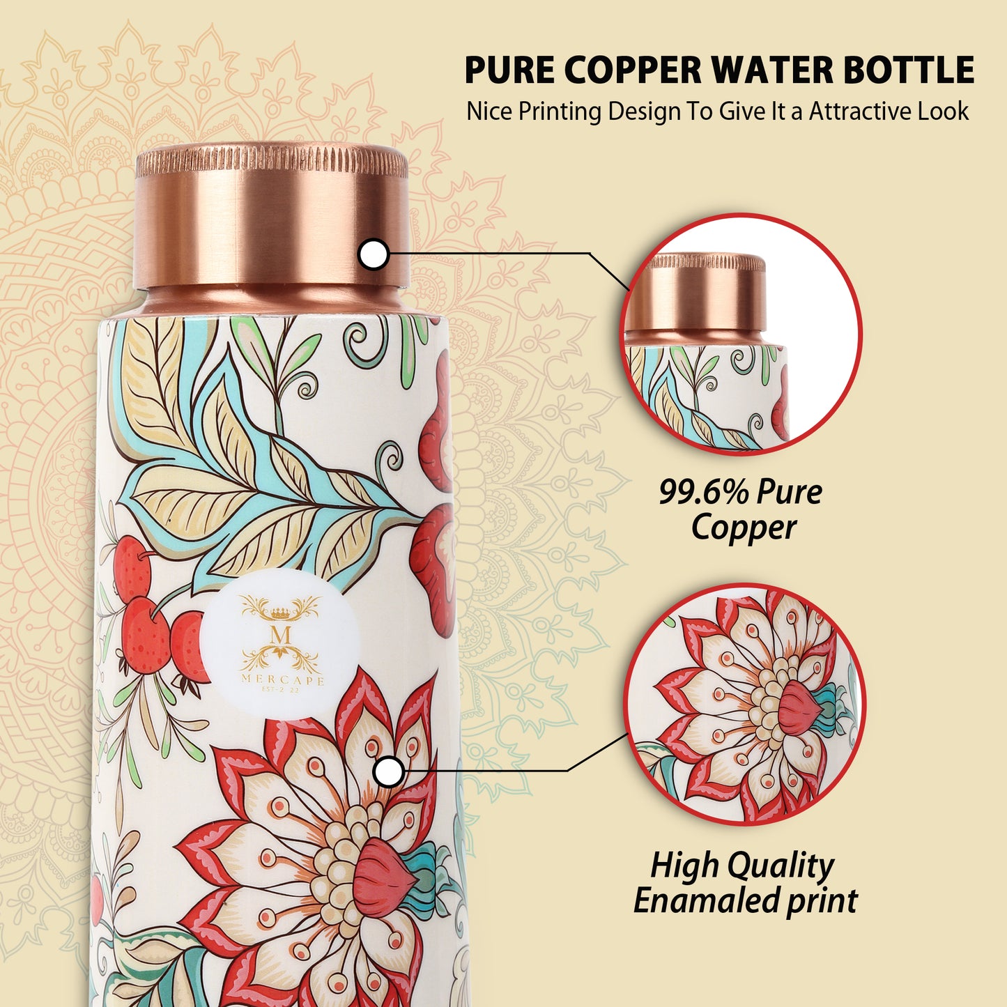 Printed Copper Bottle 950 ml with 2 Glass set 250 ml each