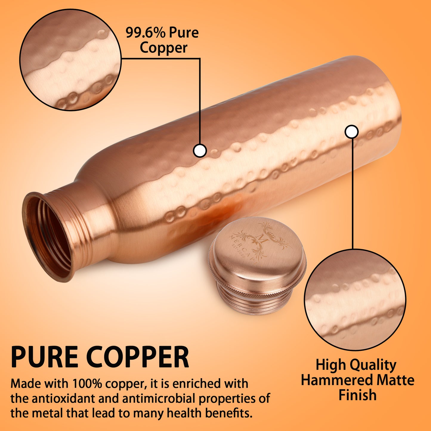 MERCAPE – Handcrafted Pure Copper Bottle - (950 ML)