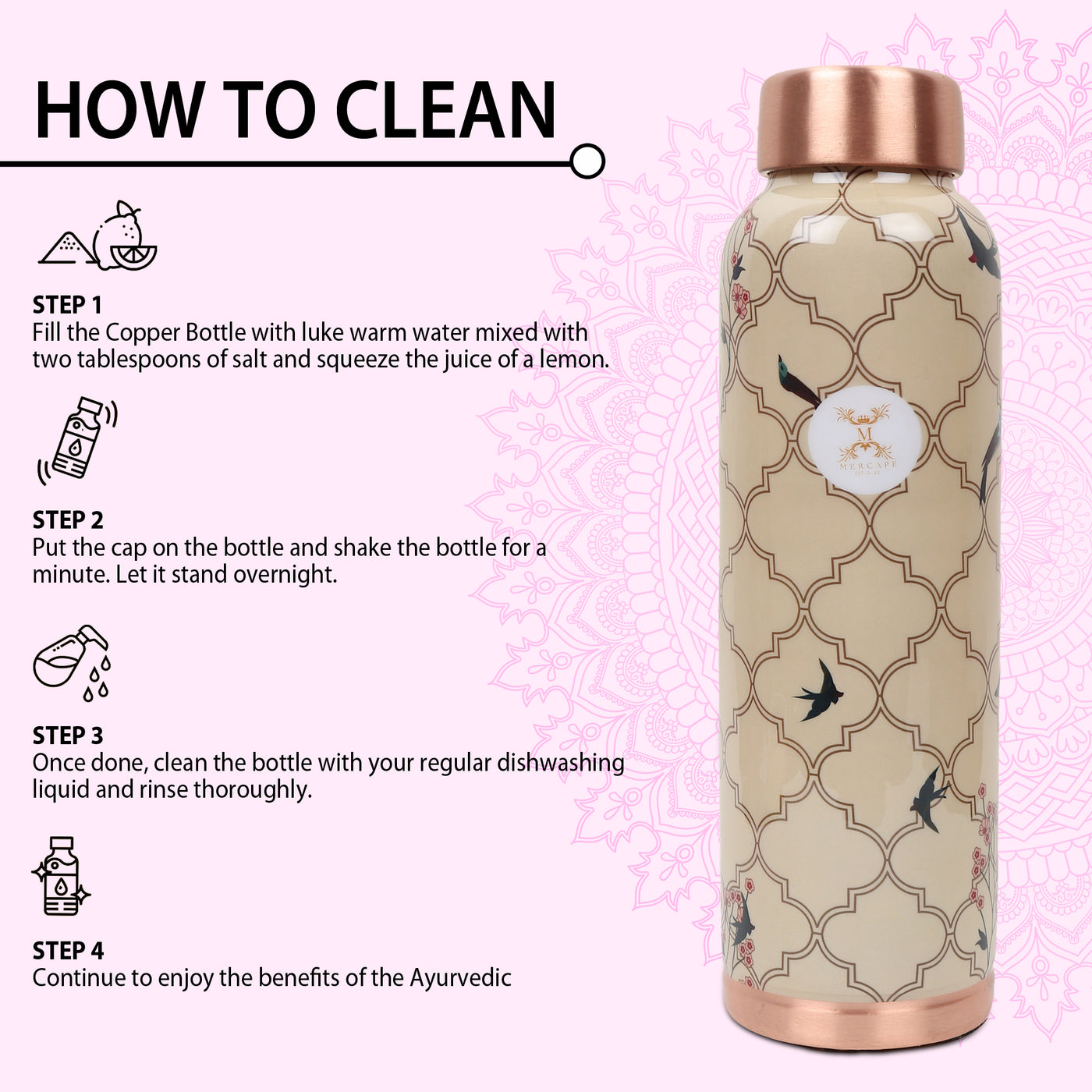 MERCAPE® - Copper Bottles for Water with Leak Proof Lid | 100% Pure Copper Bottle | BPA Free & Non Toxic | Printed Ayurvedic Copper Bottle for Health Benefits - 950 ML-Beige Color