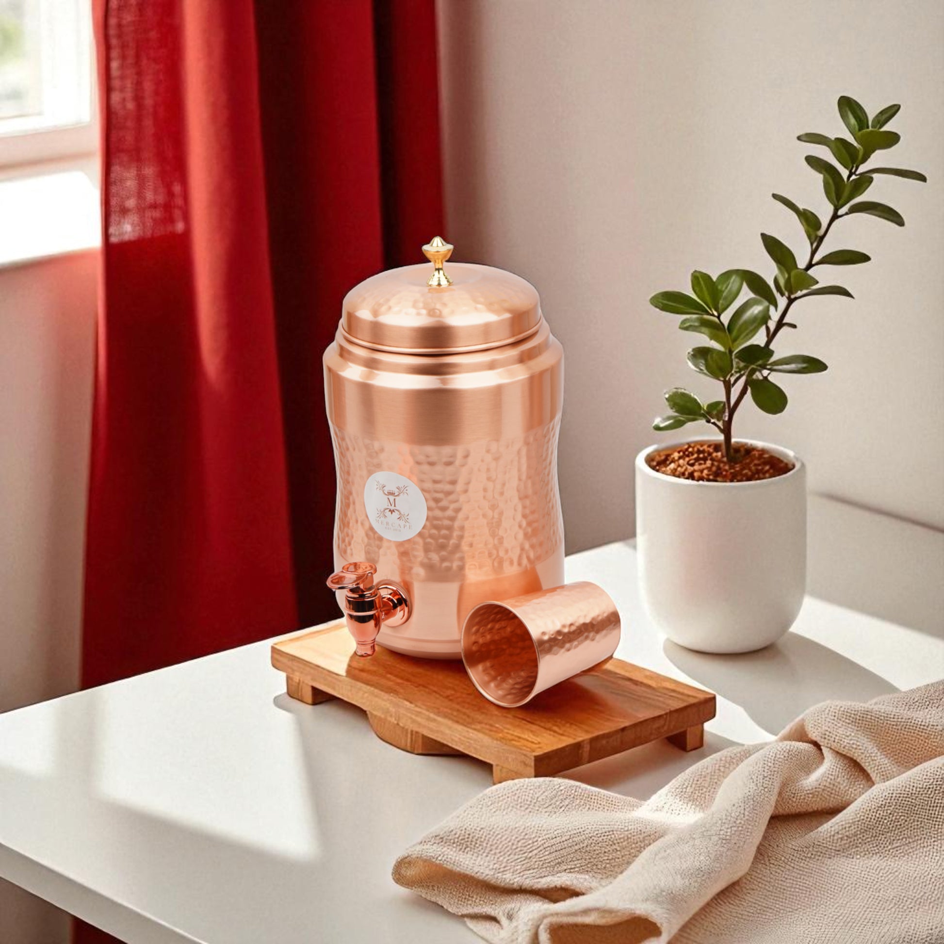Mercape® 5 Litre Pure Copper Water Dispenser with Stand & 300ml Tumbler | Matte Finish | Full Hammered & Half Hammered Design | Ayurvedic Health Benefits (Half-Hammered Dispenser)