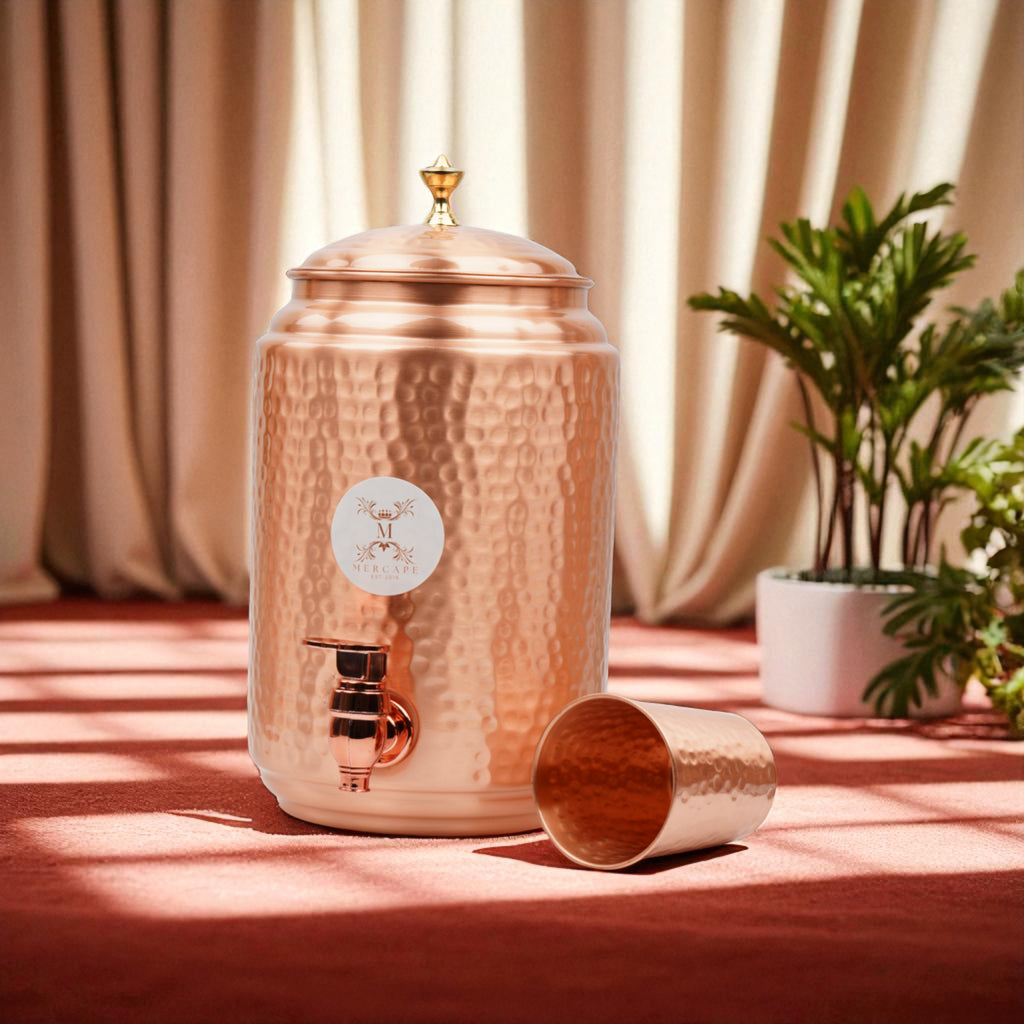 Mercape® 5 Litre Pure Copper Water Dispenser with Stand & 300ml Tumbler | Matte Finish | Full Hammered & Half Hammered Design | Ayurvedic Health Benefits (Full-Hammered Dispenser)