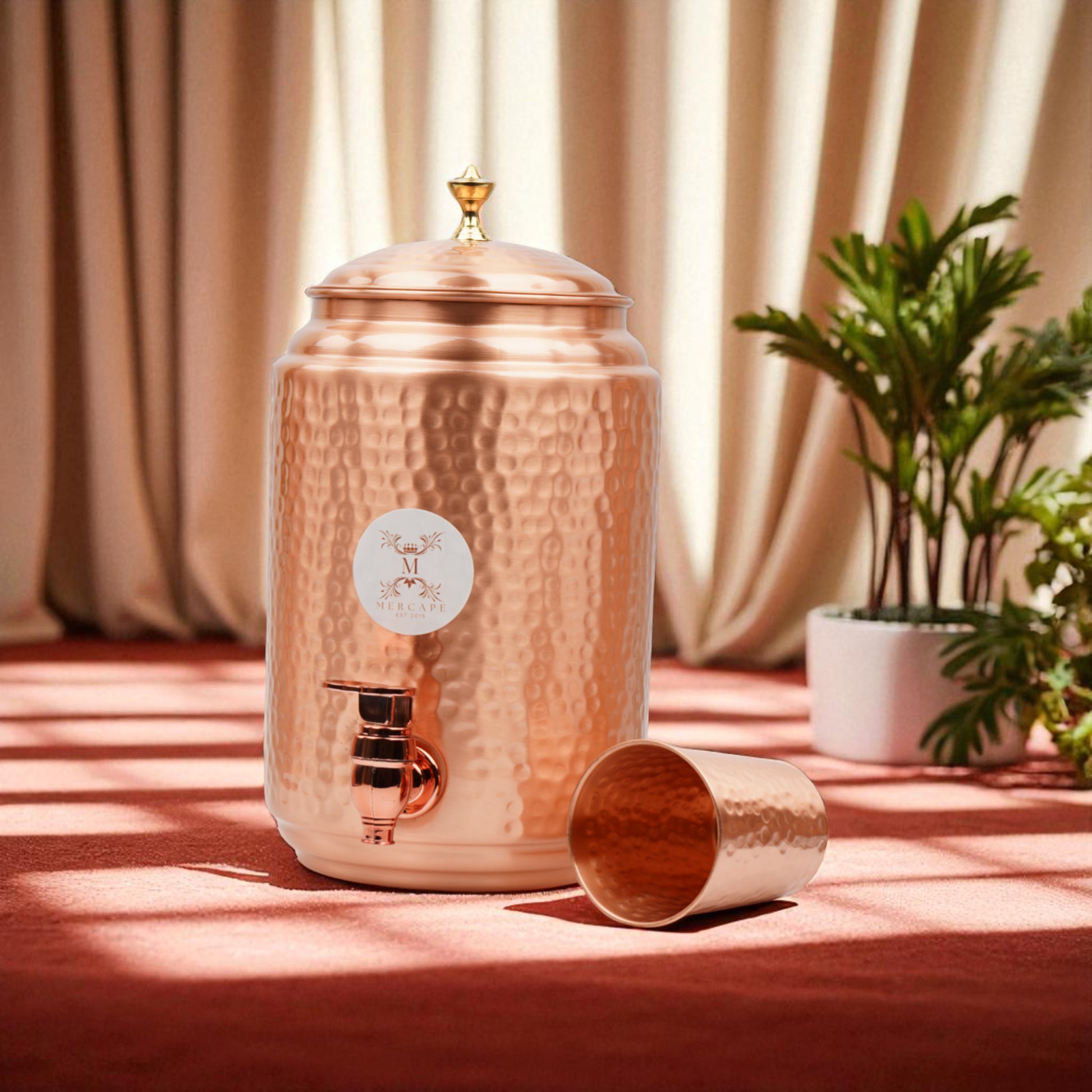 Mercape® 5 Litre Pure Copper Water Dispenser with Stand & 300ml Tumbler | Matte Finish | Full Hammered & Half Hammered Design | Ayurvedic Health Benefits (Full-Hammered Dispenser)