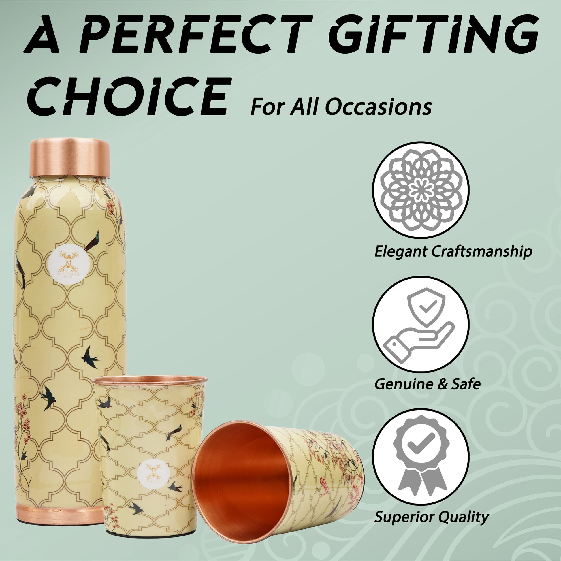Jointless Printed Copper Bottle 950 ml with 2 Glass set 250 ml each