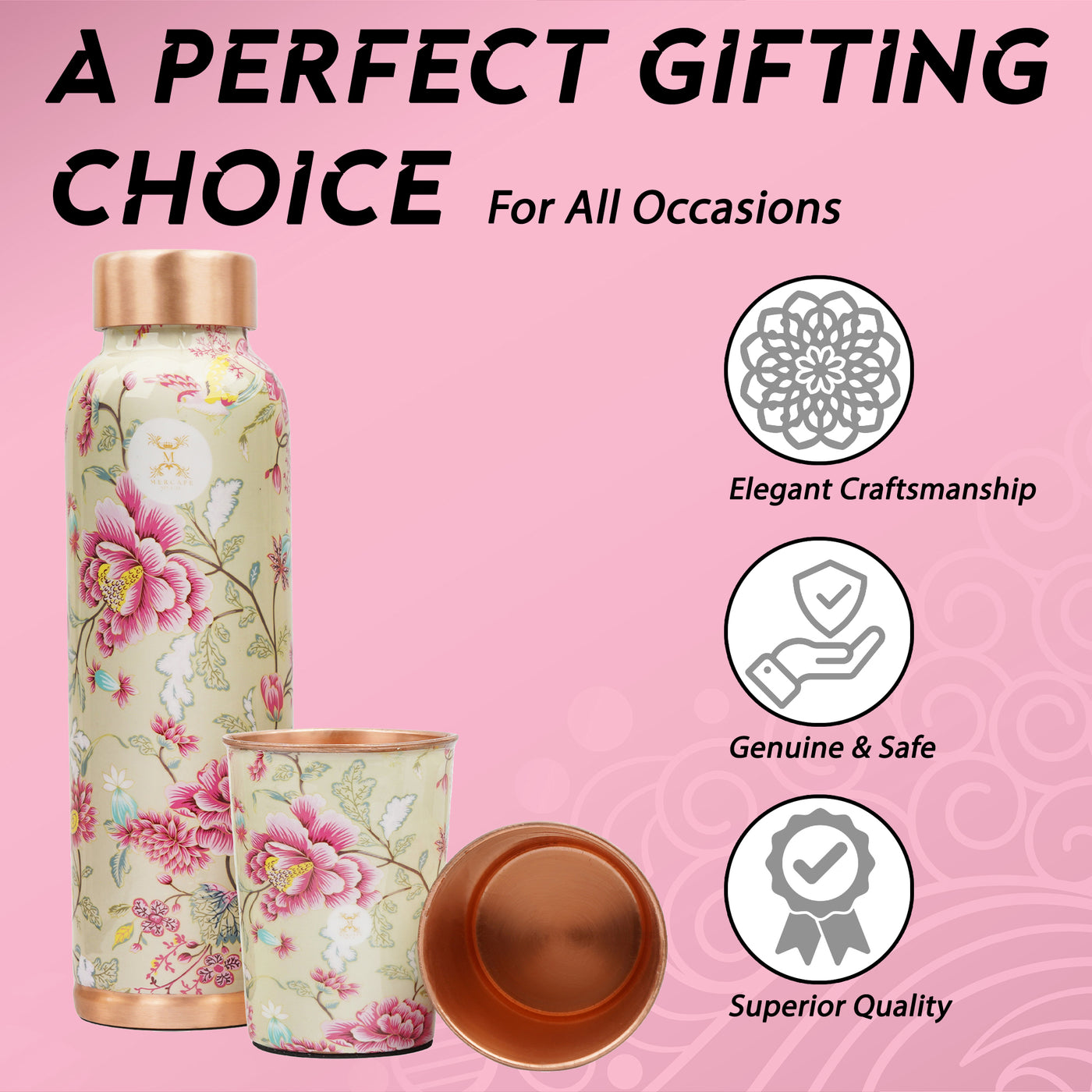 Printed Copper Bottle 950 ml with 2 Glass set 250 ml each