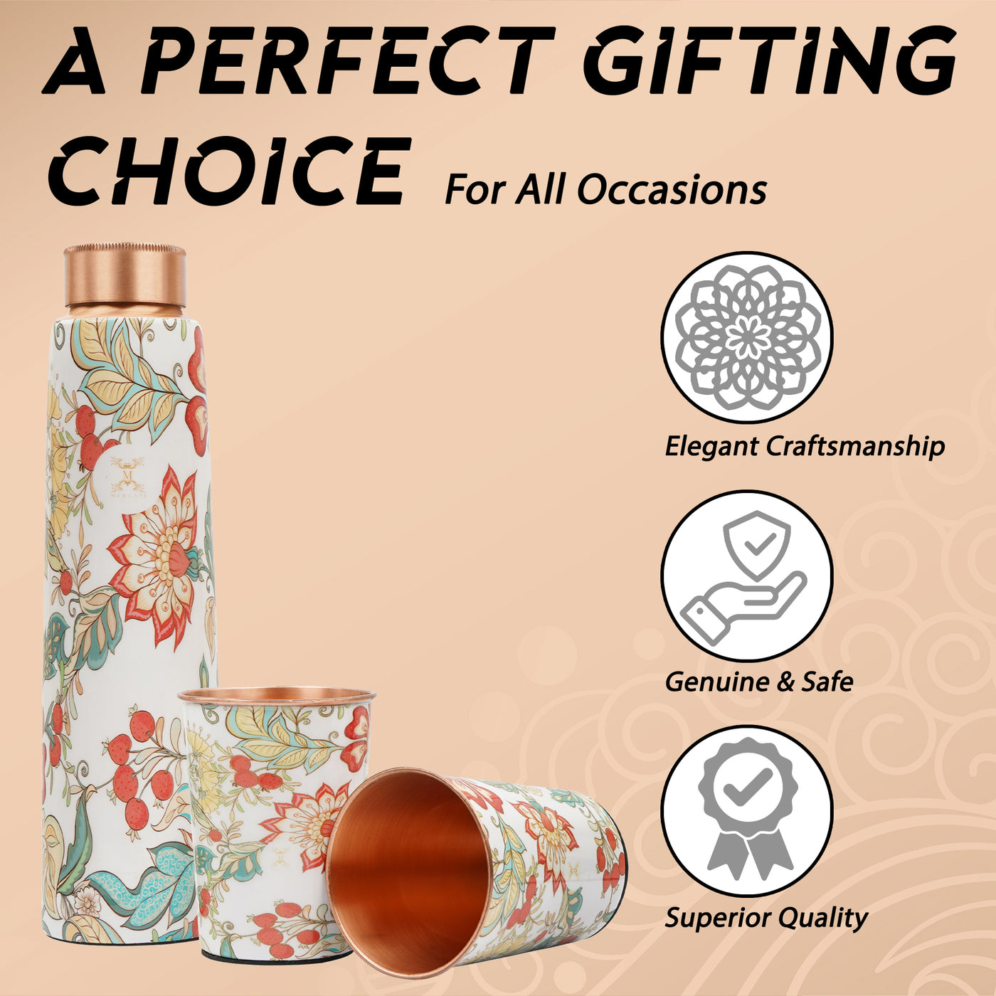 Printed Copper Bottle 950 ml with 2 Glass set 250 ml each