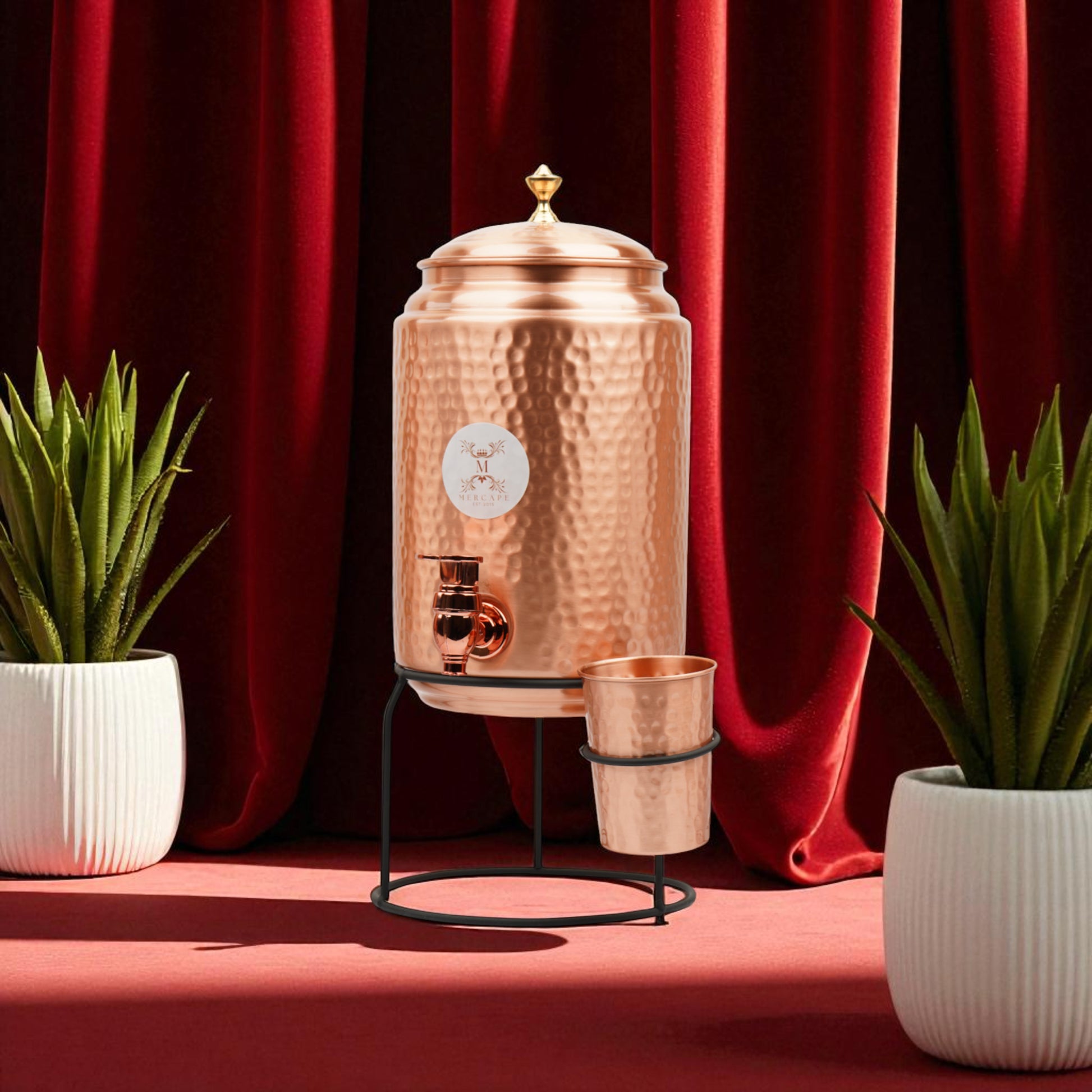 Mercape® 5 Litre Pure Copper Water Dispenser with Stand & 300ml Tumbler | Matte Finish | Full Hammered & Half Hammered Design | Ayurvedic Health Benefits (Full-Hammered Dispenser)