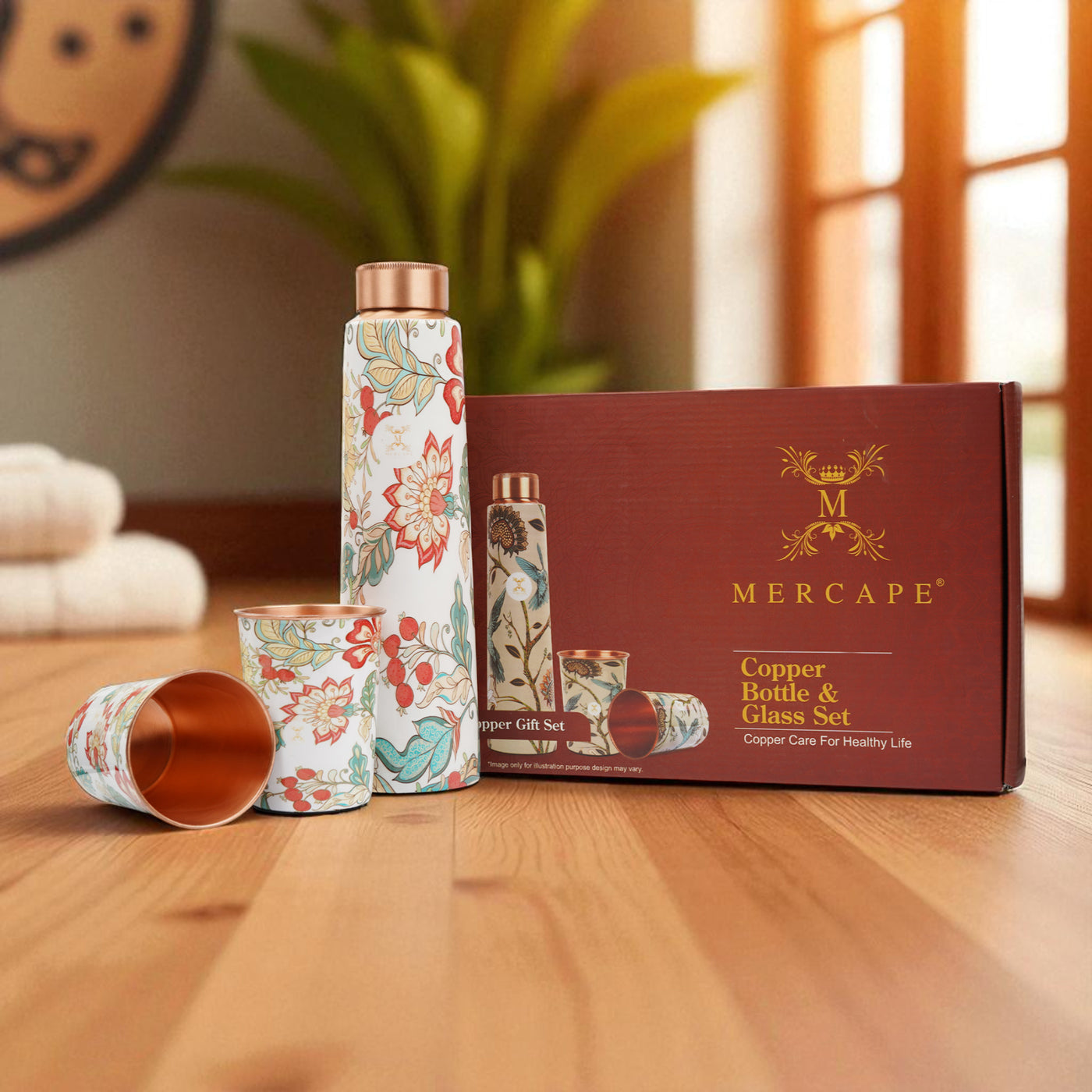 Printed Copper Bottle 950 ml with 2 Glass set 250 ml each