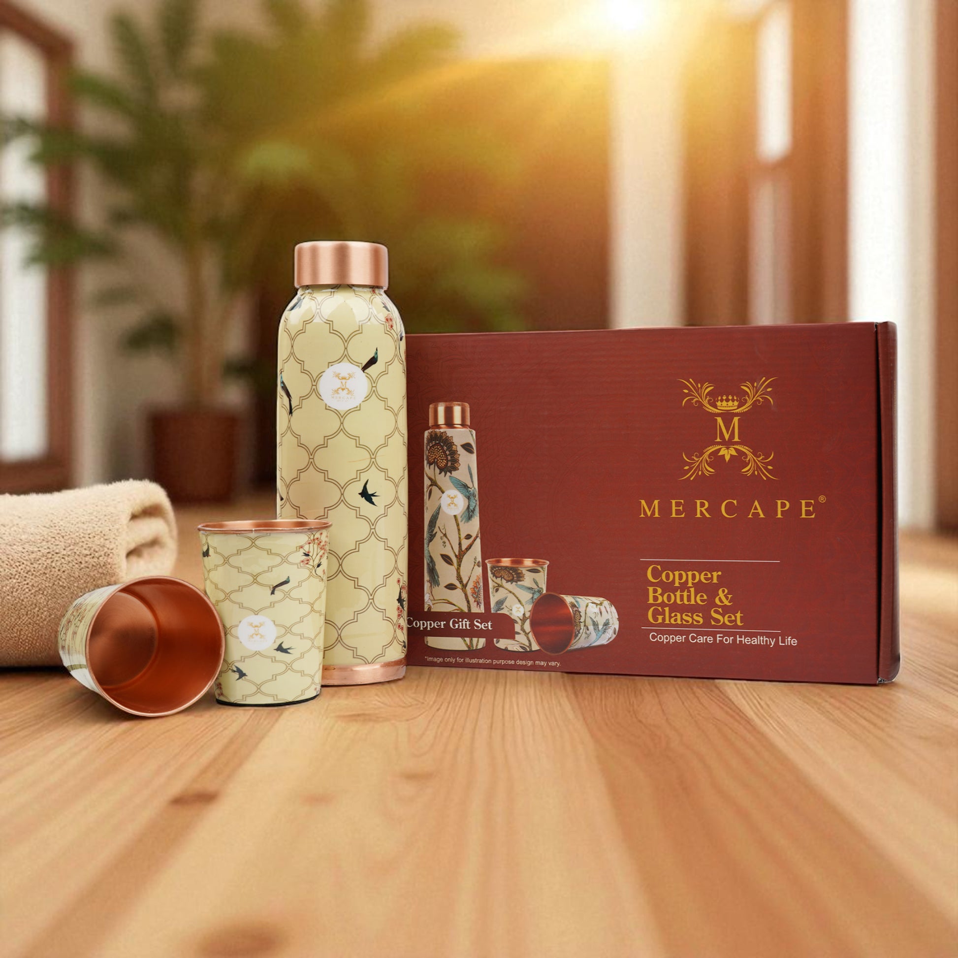 Jointless Printed Copper Bottle 950 ml with 2 Glass set 250 ml each