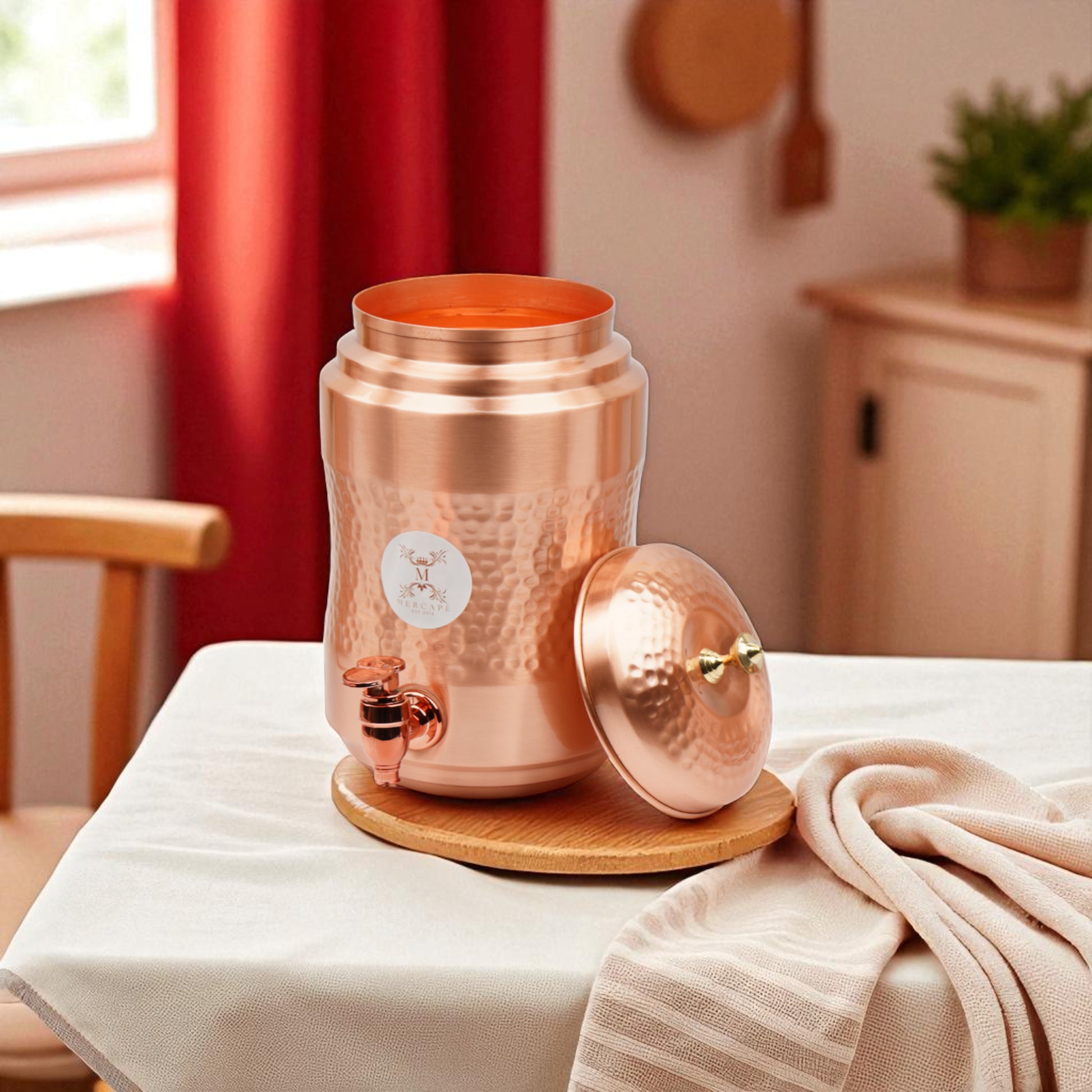 Mercape® 5 Litre Pure Copper Water Dispenser with Stand & 300ml Tumbler | Matte Finish | Full Hammered & Half Hammered Design | Ayurvedic Health Benefits (Half-Hammered Dispenser)