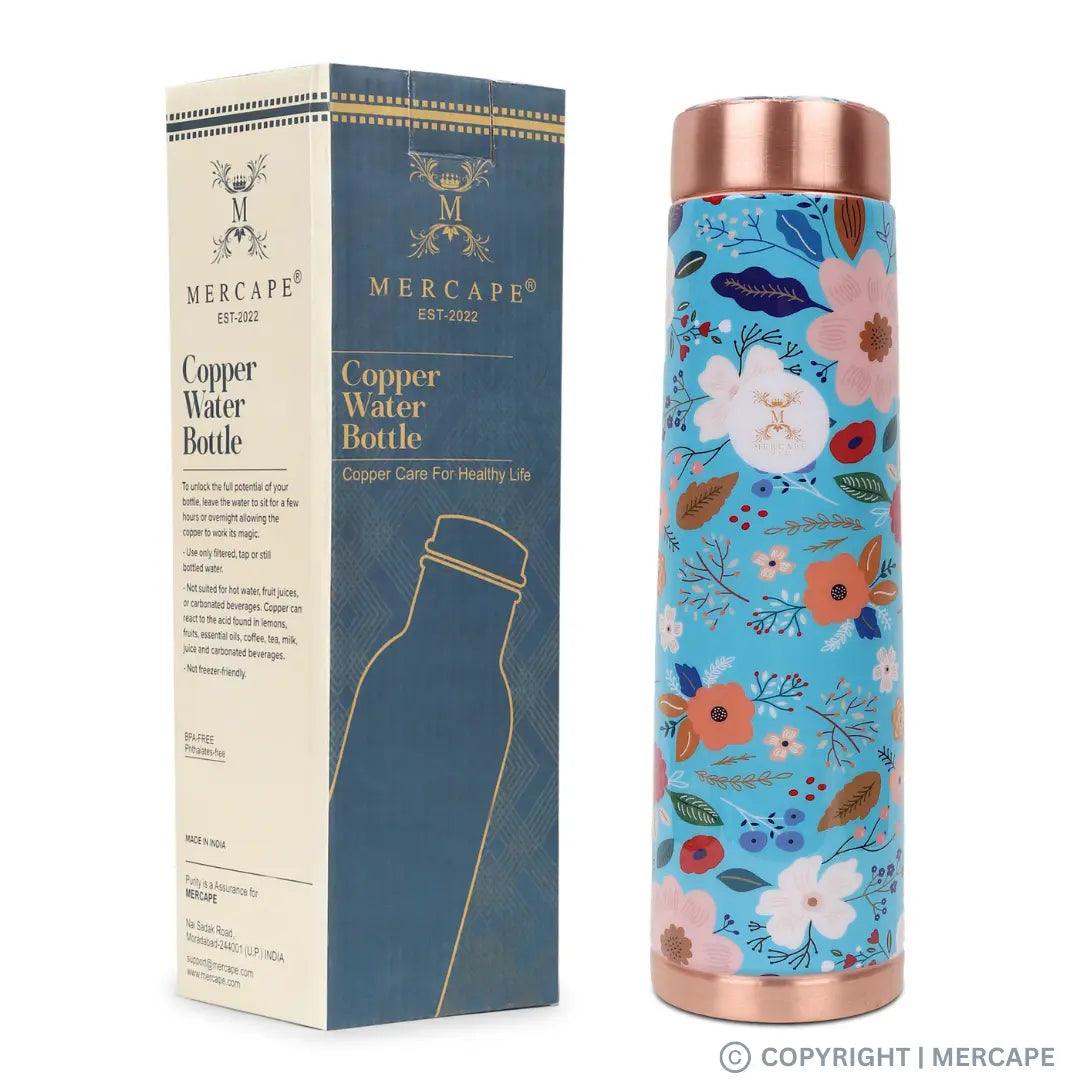 MERCAPE® - Copper Bottles for Water with Leak Proof Lid | 100% Pure Copper Bottle | BPA Free & Non Toxic | Printed Ayurvedic Copper Bottle for Health Benefits - 950 ML- Blue Color Multi