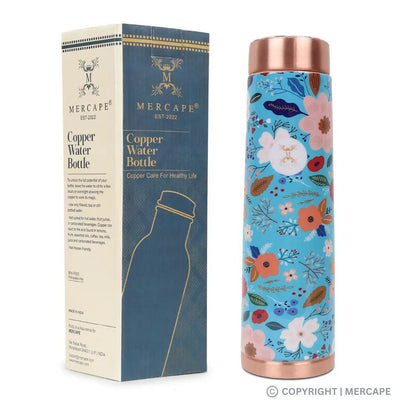 MERCAPE® - Copper Bottles for Water with Leak Proof Lid | 100% Pure Copper Bottle | BPA Free & Non Toxic | Printed Ayurvedic Copper Bottle for Health Benefits - 950 ML- Blue Color Multi