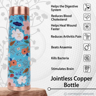 MERCAPE® - Copper Bottles for Water with Leak Proof Lid | 100% Pure Copper Bottle | BPA Free & Non Toxic | Printed Ayurvedic Copper Bottle for Health Benefits - 950 ML- Blue Color Multi