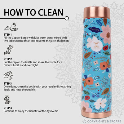 MERCAPE® - Copper Bottles for Water with Leak Proof Lid | 100% Pure Copper Bottle | BPA Free & Non Toxic | Printed Ayurvedic Copper Bottle for Health Benefits - 950 ML- Blue Color Multi