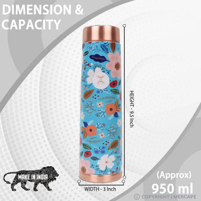 MERCAPE® - Copper Bottles for Water with Leak Proof Lid | 100% Pure Copper Bottle | BPA Free & Non Toxic | Printed Ayurvedic Copper Bottle for Health Benefits - 950 ML- Blue Color Multi