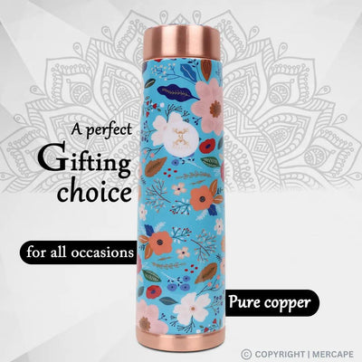 MERCAPE® - Copper Bottles for Water with Leak Proof Lid | 100% Pure Copper Bottle | BPA Free & Non Toxic | Printed Ayurvedic Copper Bottle for Health Benefits - 950 ML- Blue Color Multi