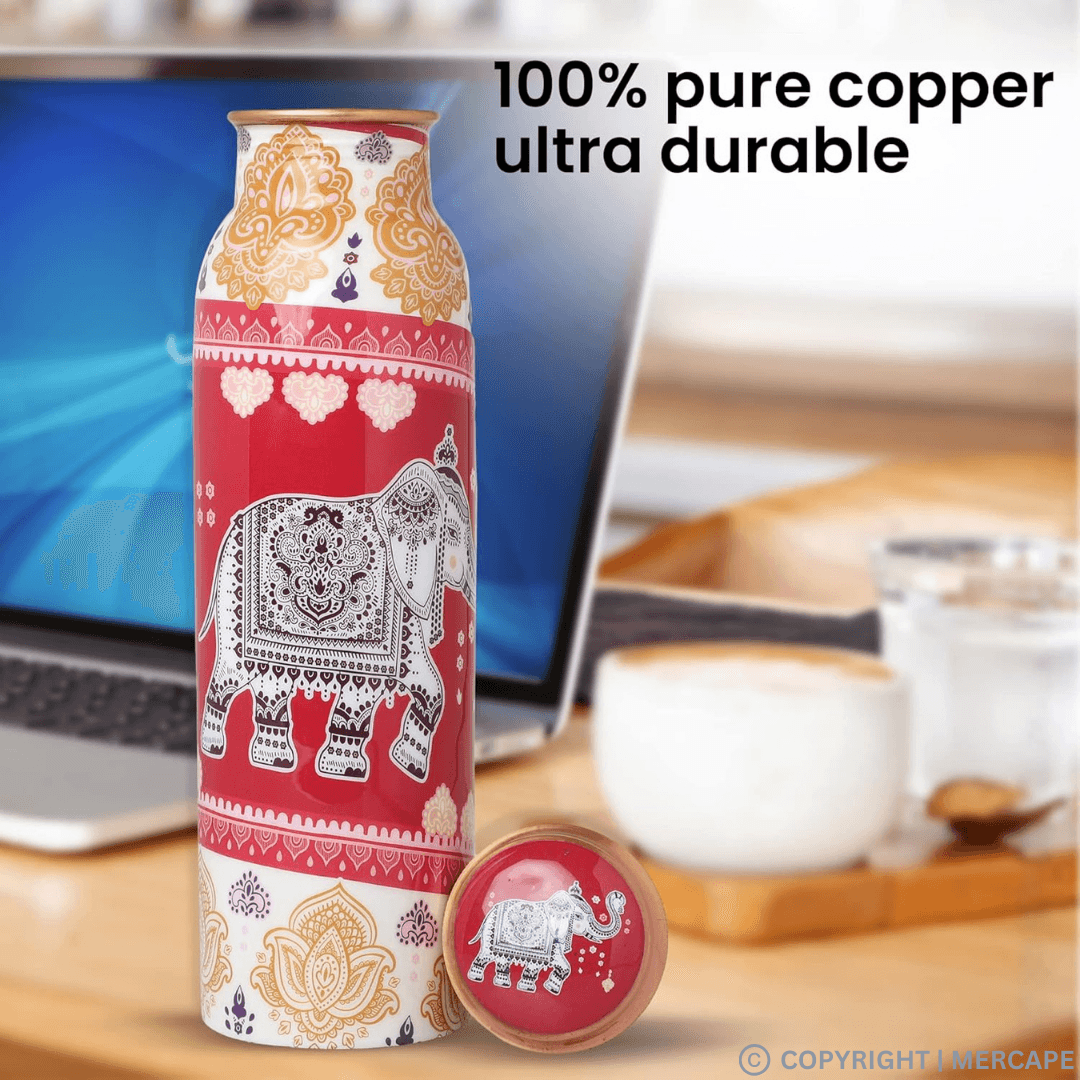 MERCAPE – Handcrafted Elephant Print Pure Copper Bottle - (950 ML)