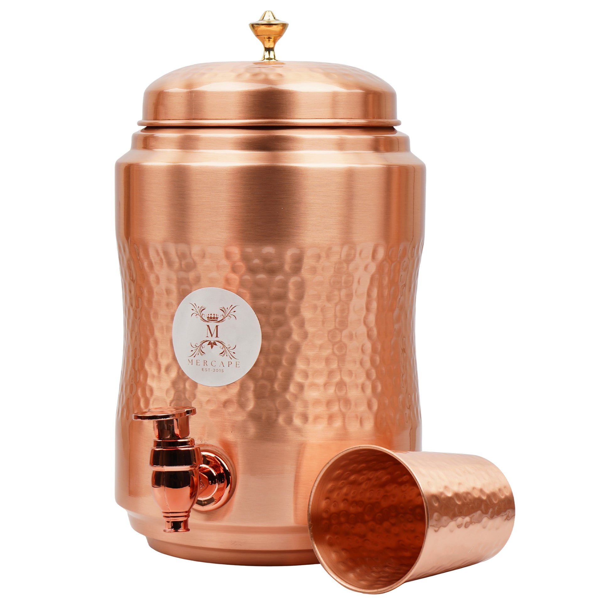 Mercape® 5 Litre Pure Copper Water Dispenser with Stand & 300ml Tumbler | Matte Finish | Full Hammered & Half Hammered Design | Ayurvedic Health Benefits (Half-Hammered Dispenser)