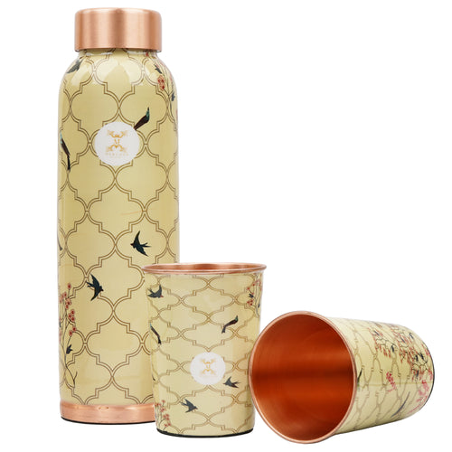 Jointless Printed Copper Bottle 950 ml with 2 Glass set 250 ml each