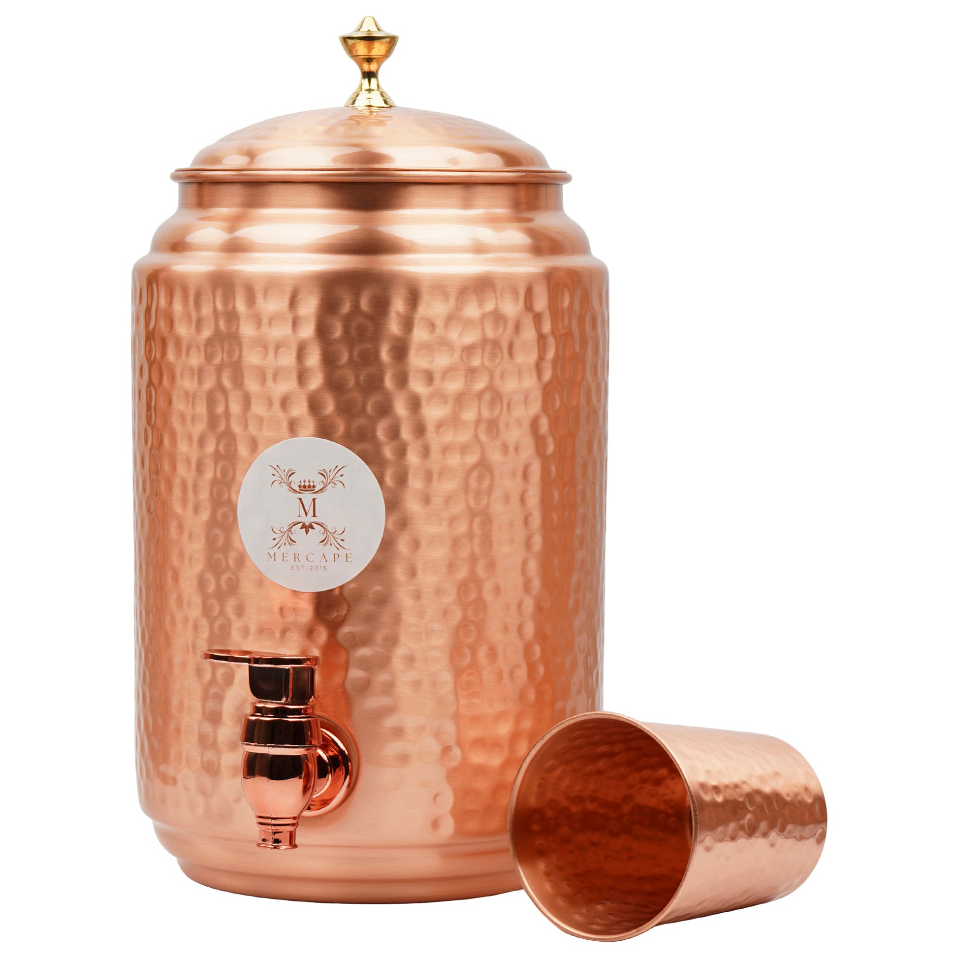 Mercape® 5 Litre Pure Copper Water Dispenser with Stand & 300ml Tumbler | Matte Finish | Full Hammered & Half Hammered Design | Ayurvedic Health Benefits (Full-Hammered Dispenser)