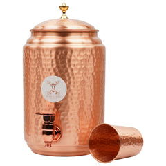 Mercape® 5 Litre Pure Copper Water Dispenser with Stand & 300ml Tumbler | Matte Finish | Full Hammered & Half Hammered Design | Ayurvedic Health Benefits (Full-Hammered Dispenser)