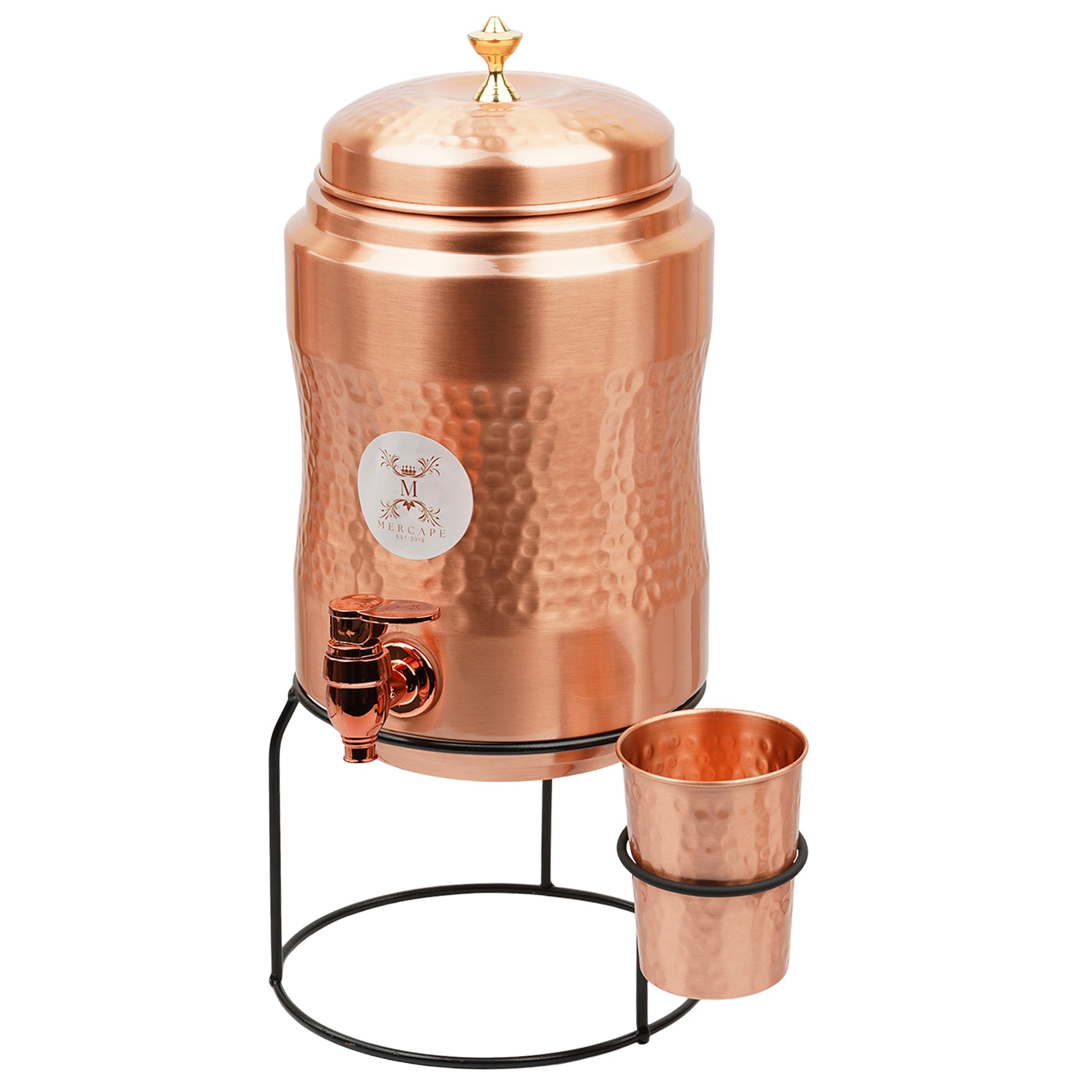Mercape® 5 Litre Pure Copper Water Dispenser with Stand & 300ml Tumbler | Matte Finish | Full Hammered & Half Hammered Design | Ayurvedic Health Benefits (Half-Hammered Dispenser)