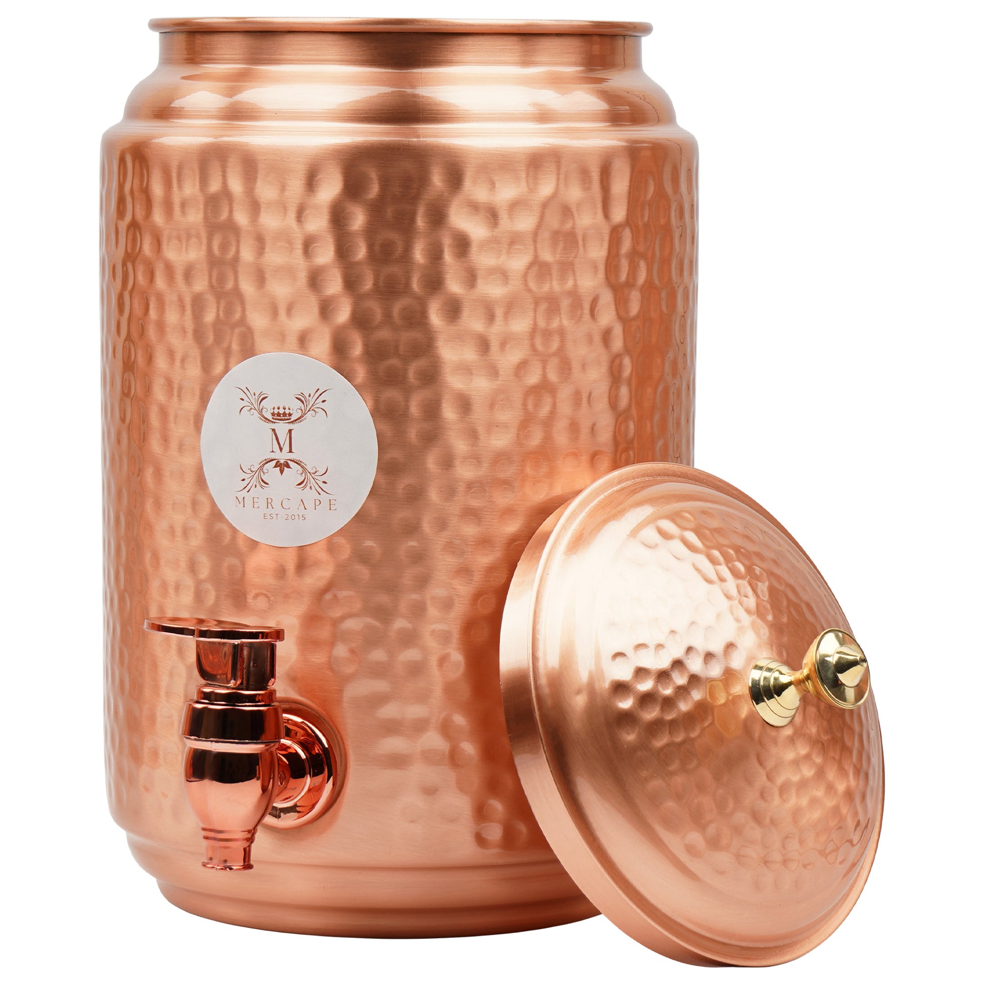Mercape® 5 Litre Pure Copper Water Dispenser with Stand & 300ml Tumbler | Matte Finish | Full Hammered & Half Hammered Design | Ayurvedic Health Benefits (Full-Hammered Dispenser)