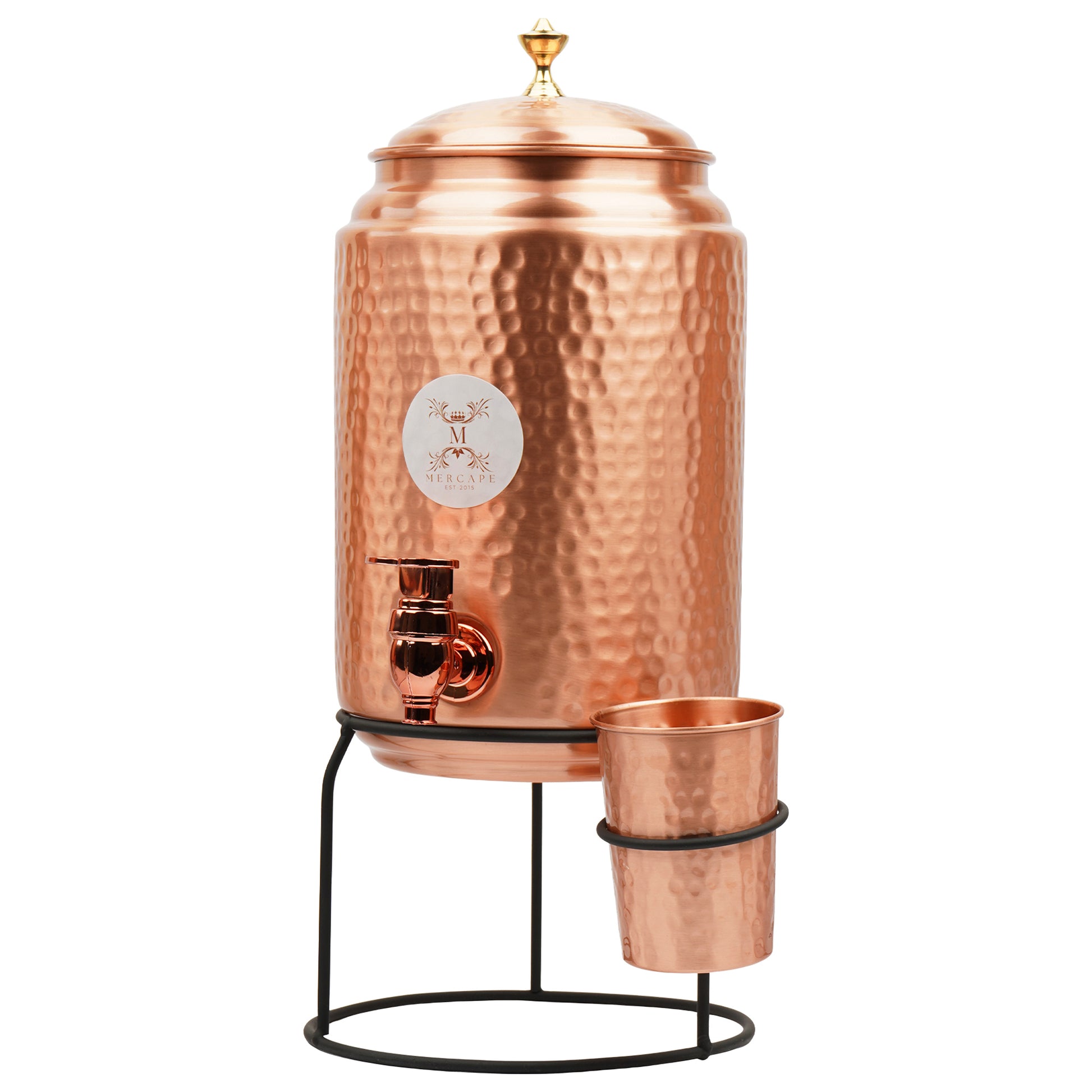 Mercape® 5 Litre Pure Copper Water Dispenser with Stand & 300ml Tumbler | Matte Finish | Full Hammered & Half Hammered Design | Ayurvedic Health Benefits (Full-Hammered Dispenser)