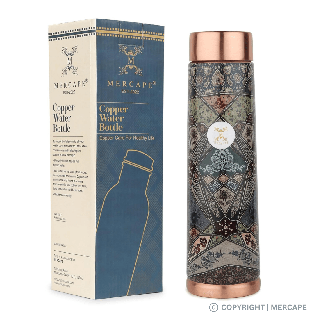 MERCAPE® - Copper Bottles, 100% Pure Copper Anti Rust Anti Oxidant Leak Proof Floral Meena Printed BPA Free Water Flask Kitchen Accessory, Fancy Bottle For Kids Office Gym Travel (950 ML) - Black
