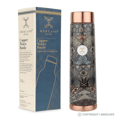 MERCAPE® - Copper Bottles, 100% Pure Copper Anti Rust Anti Oxidant Leak Proof Floral Meena Printed BPA Free Water Flask Kitchen Accessory, Fancy Bottle For Kids Office Gym Travel (950 ML) - Black