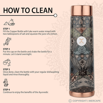 MERCAPE® - Copper Bottles, 100% Pure Copper Anti Rust Anti Oxidant Leak Proof Floral Meena Printed BPA Free Water Flask Kitchen Accessory, Fancy Bottle For Kids Office Gym Travel (950 ML) - Black