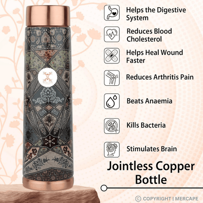 MERCAPE® - Copper Bottles, 100% Pure Copper Anti Rust Anti Oxidant Leak Proof Floral Meena Printed BPA Free Water Flask Kitchen Accessory, Fancy Bottle For Kids Office Gym Travel (950 ML) - Black