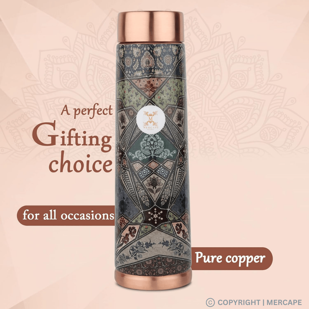 MERCAPE® - Copper Bottles, 100% Pure Copper Anti Rust Anti Oxidant Leak Proof Floral Meena Printed BPA Free Water Flask Kitchen Accessory, Fancy Bottle For Kids Office Gym Travel (950 ML) - Black
