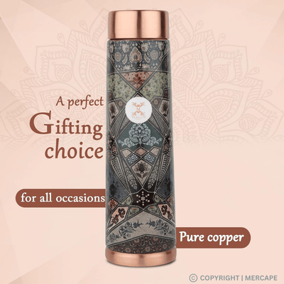 MERCAPE® - Copper Bottles, 100% Pure Copper Anti Rust Anti Oxidant Leak Proof Floral Meena Printed BPA Free Water Flask Kitchen Accessory, Fancy Bottle For Kids Office Gym Travel (950 ML) - Black