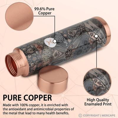 MERCAPE® - Copper Bottles, 100% Pure Copper Anti Rust Anti Oxidant Leak Proof Floral Meena Printed BPA Free Water Flask Kitchen Accessory, Fancy Bottle For Kids Office Gym Travel (950 ML) - Black